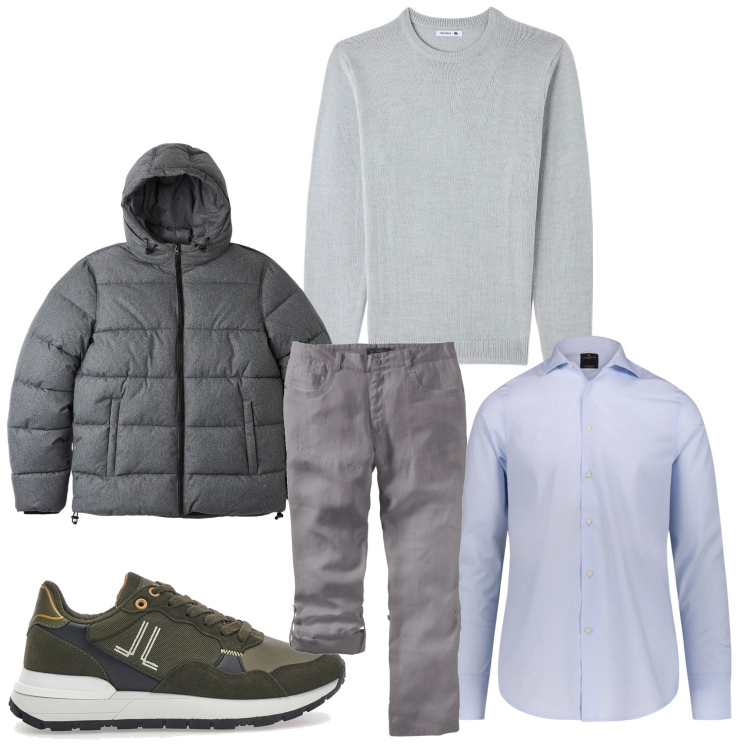 Outfit uomo - Febbraio in grigio. Stile Casual per Ufficio. Abbinamento con pantaloni, maglieria, piumini, sneakers, camicie.