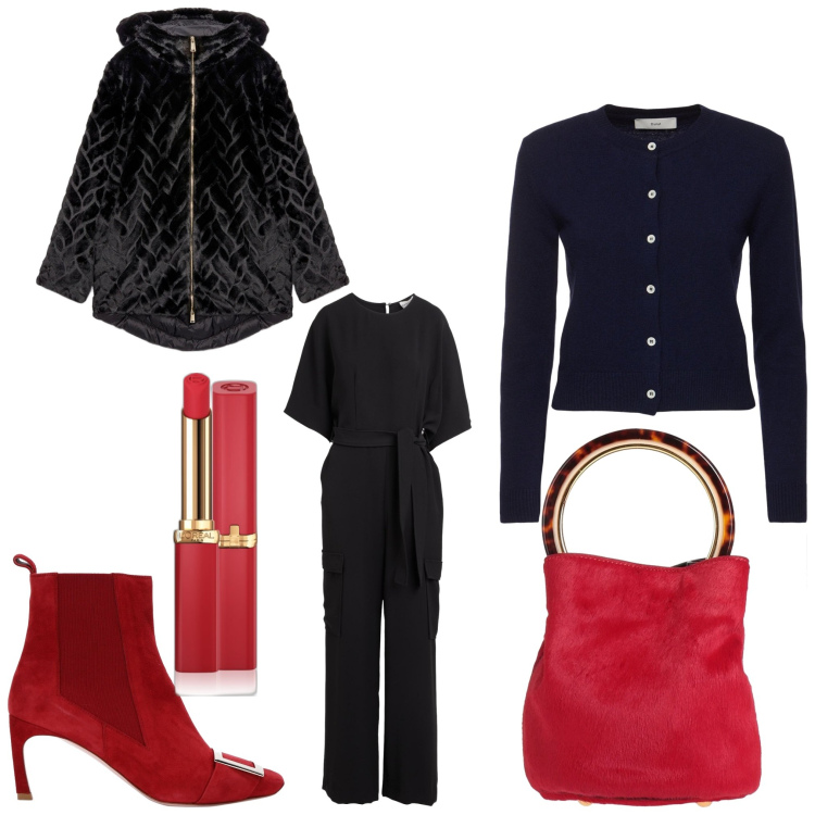 Outfit donna - Rosso cuore. Stile Chic per Serata fuori. Abbinamento con tute, stivaletti, borse a secchiello, rossetti, cardigans, blazer.
