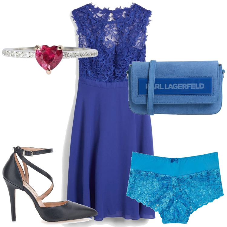 Outfit donna - Total look #2056328. Stile Glamour per Serata fuori. Abbinamento con vestiti corti, culotte, borse a tracolla, anelli, décolleté.