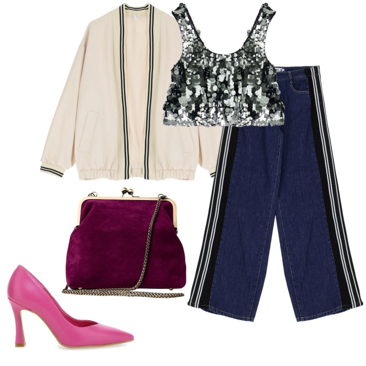 Outfit donna - Borsa di velluto. Stile Casual chic per Serata fuori. Abbinamento con jeans, bomber, top, décolleté, clutch.