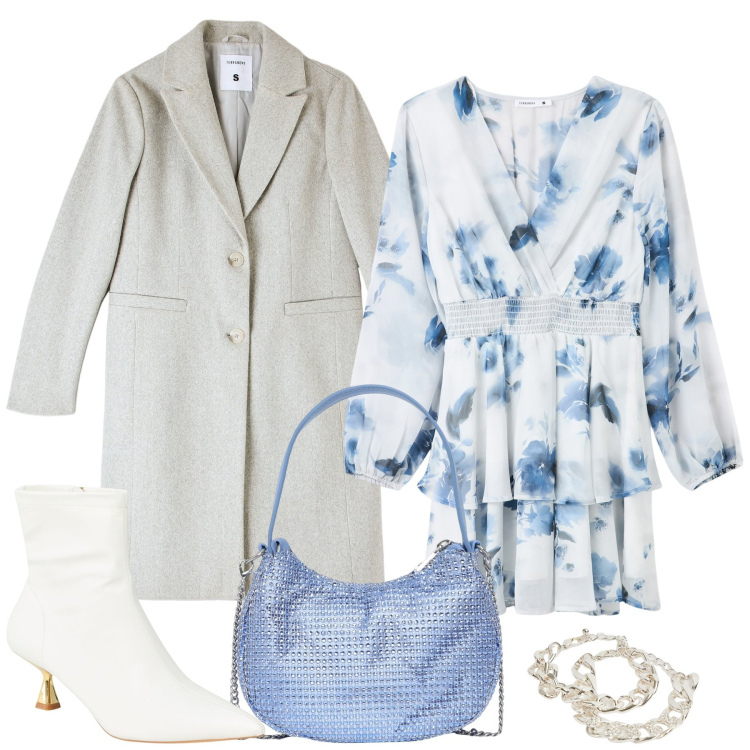 Outfit donna - Fiori azzurri. Stile Romantica per Tutti i giorni. Abbinamento con stivaletti, vestiti, cappotti, borse a spalla, braccialetti.