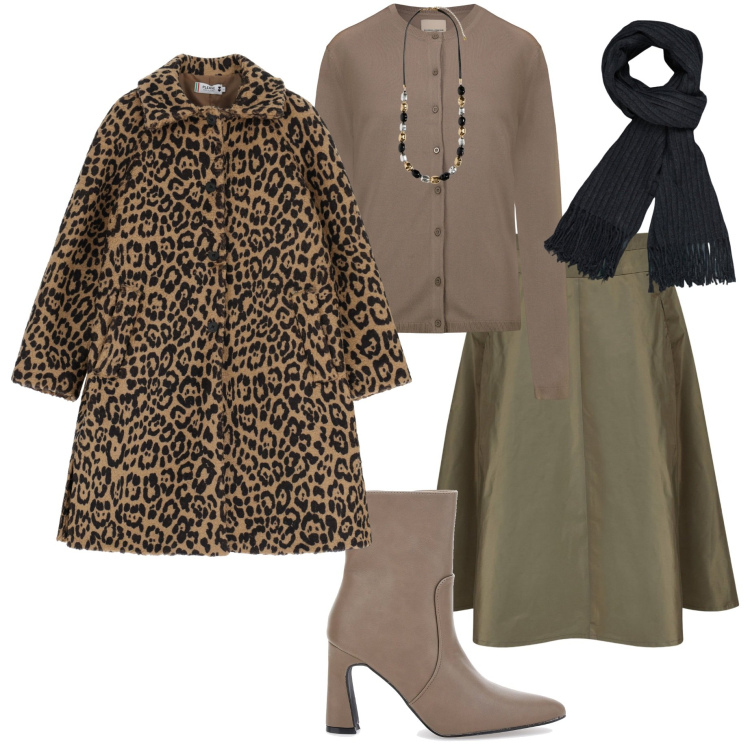 Outfit donna - In città. Stile Casual chic per Ufficio. Abbinamento con cappotti, stivaletti, cardigans, gonne, collane, sciarpe.