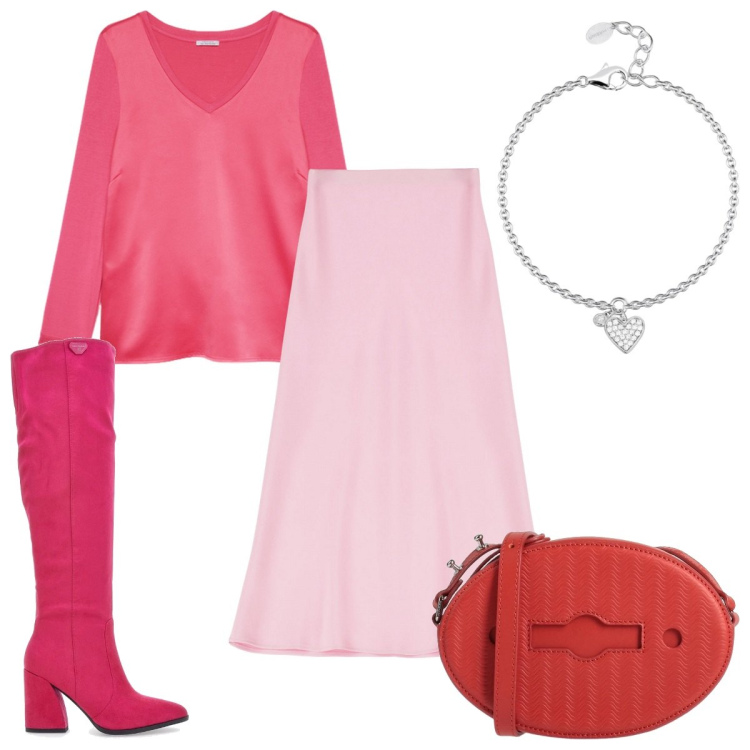 Outfit donna - Total look #2056353. Stile Romantica per Serata fuori. Abbinamento con borse a tracolla, braccialetti con ciondoli, gonne longuette, t-shirt, stivali.