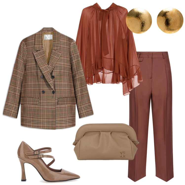 Outfit donna - A cena fuori. Stile Chic per Serata fuori. Abbinamento con blazer, borse a mano, camicie, décolleté, pantaloni, orecchini.