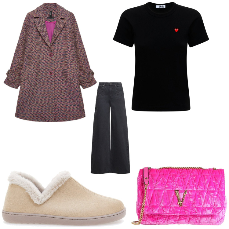 Outfit donna - Al caldo rosa. Stile Chic per Tutti i giorni. Abbinamento con borse a tracolla, pantofole, t-shirt, cappotti, jeans.