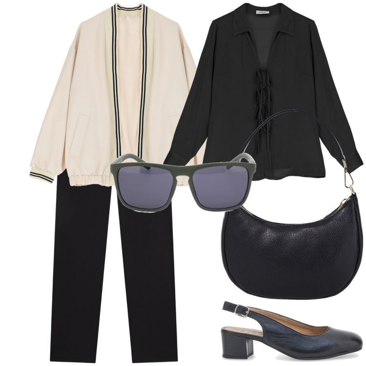Outfit donna - Look perfetto da lavoro. Stile Urban per Ufficio. Abbinamento con bomber, pantaloni, camicie, borse a spalla, décolleté, occhiali da sole.