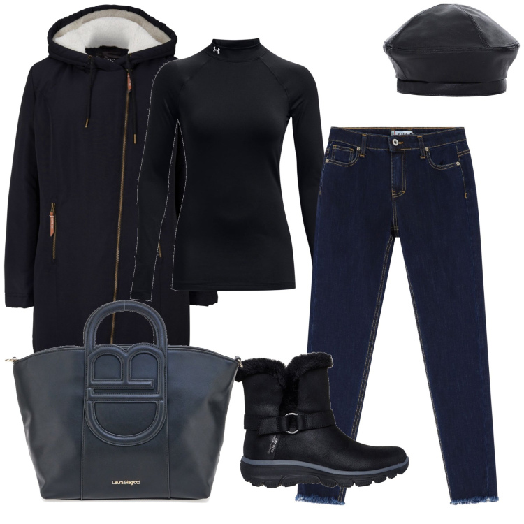 Outfit donna - Black look del mattino. Stile Basic per Tutti i giorni. Abbinamento con blazer, jeans skinny, cappelli e berretti, stivaletti, pullovers, borse a tracolla.