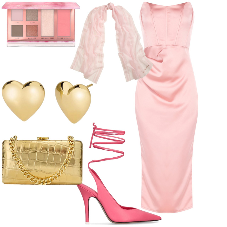 Outfit donna - Pink and gold. Stile Chic per Serata fuori. Abbinamento con blush, orecchini, vestiti midi/longuette, clutch, sciarpe, décolleté.