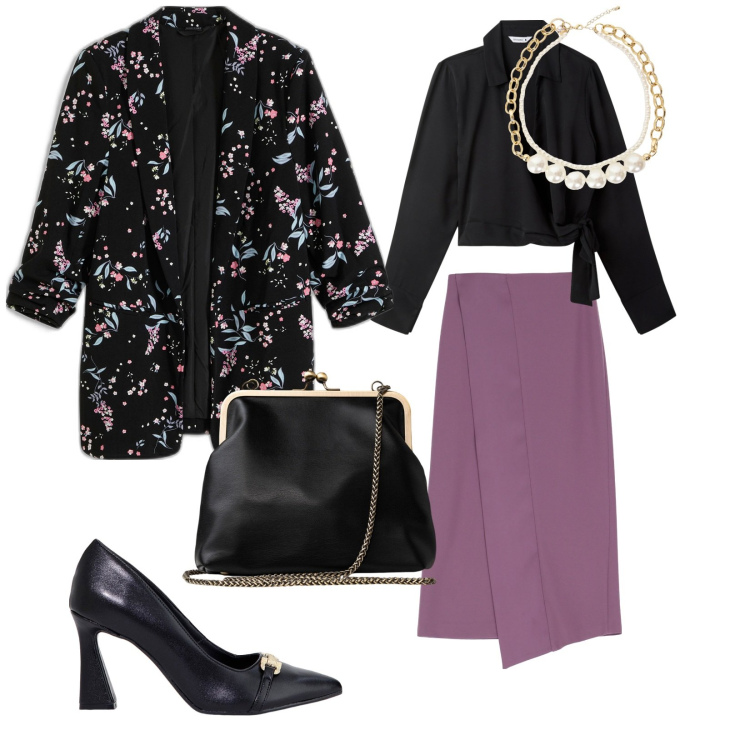 Outfit donna - Dall\' ufficio alla cena. per Serata fuori. Abbinamento con blazer, camicie, gonne longuette, stivaletti, collane, clutch.