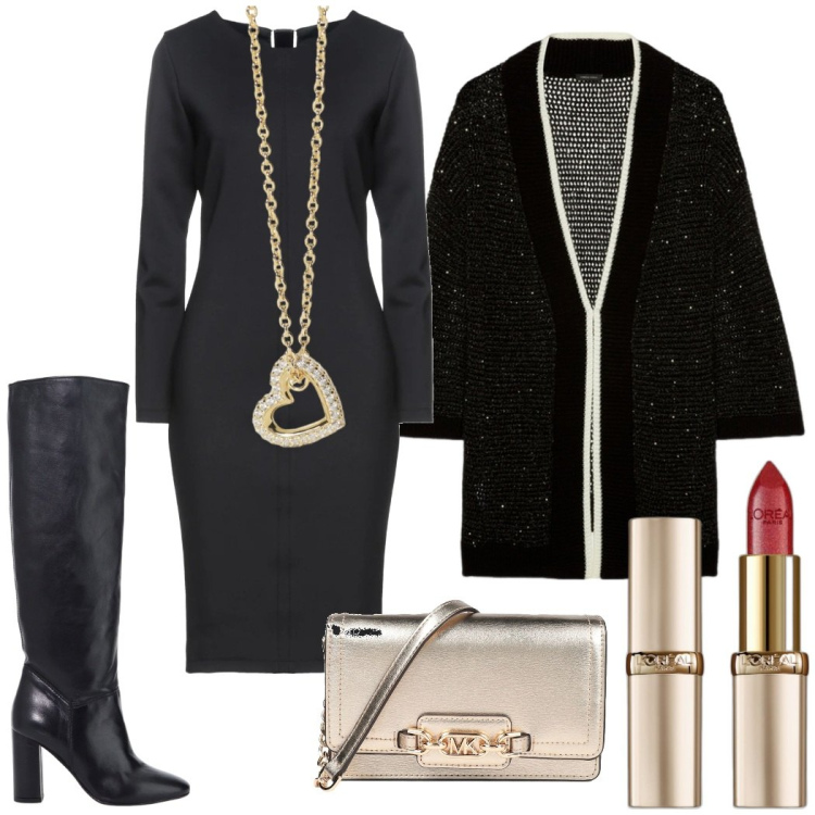 Outfit donna - Cena fuori. Stile Bon Ton per Serata fuori. Abbinamento con vestiti midi/longuette, borse a mano, rossetti, collane, stivali, cardigans.