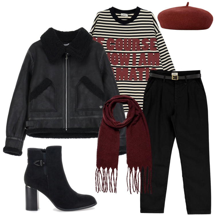 Outfit donna - In città. Stile Casual chic per Tutti i giorni. Abbinamento con blazer, maglieria, pantaloni chino, cappelli e berretti, stivaletti, sciarpe.