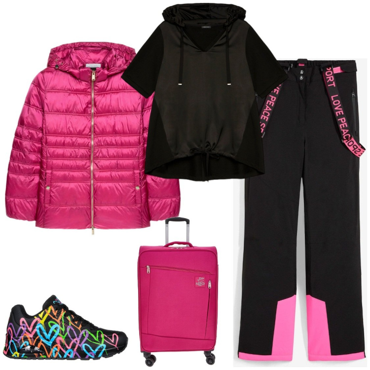 Outfit donna - Vacanze sulla neve. Stile Sporty chic per Sport. Abbinamento con pantaloni, piumini, sneakers, felpe con cappuccio, valigie.