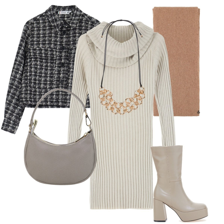 Outfit donna - Il vestito a coste. Stile Casual chic per Tutti i giorni. Abbinamento con cappotti, vestiti corti, borse a spalla, stole, stivali, collane.