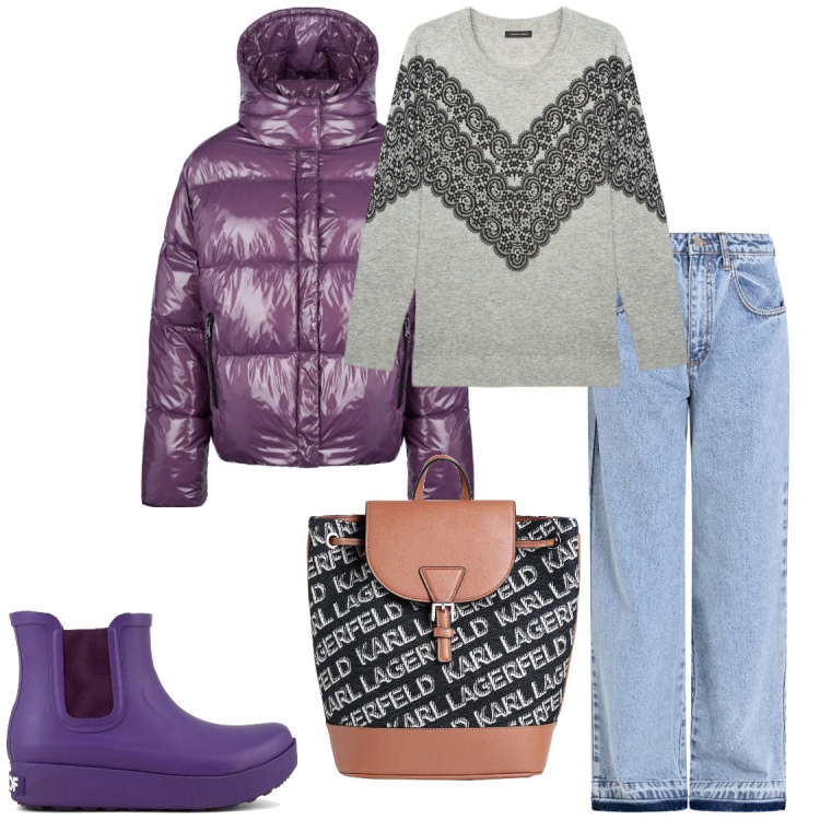 Outfit donna - Stivaletto melanzana. Stile Casual per Scuola/Università. Abbinamento con zaini, jeans, blazer, stivali, maglieria.