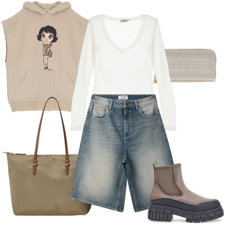 Outfit donna - Bermuda in jeans. Stile Urban per Tutti i giorni. Abbinamento con bermuda, felpe con cappuccio, t-shirt, borse tote, stivaletti chelsea, portafogli.