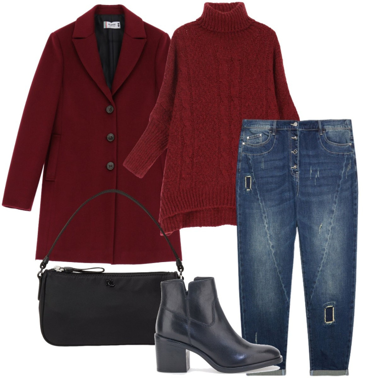 Outfit donna - Jeans trendy. Stile Casual chic per Ufficio. Abbinamento con cappotti, maglieria, pochette, stivaletti texani, jeans strappati.
