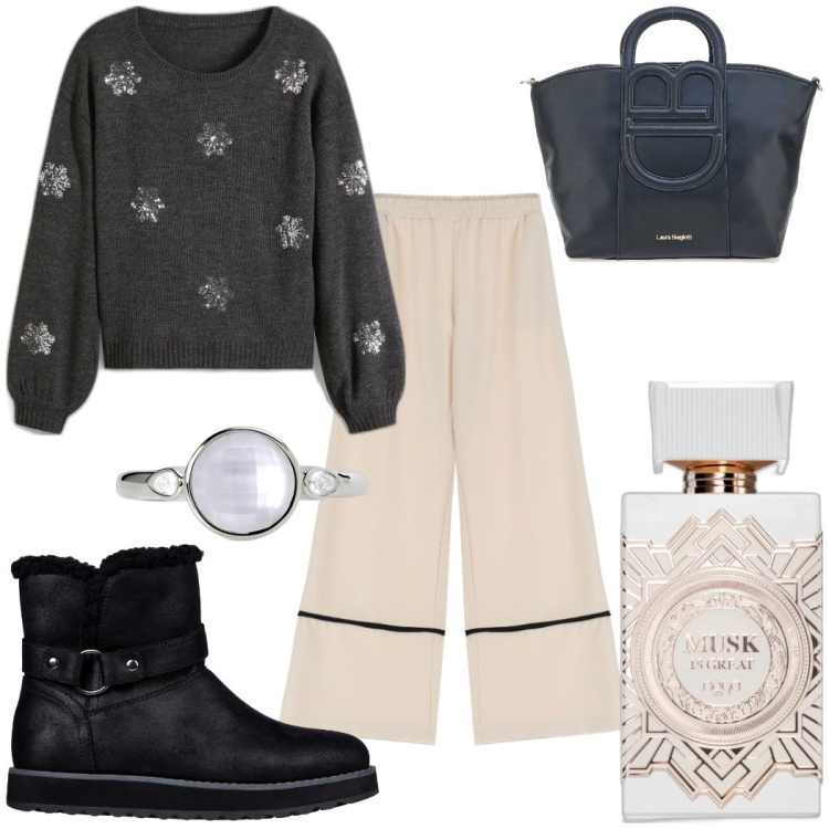Outfit donna - Total look #2056404. Stile Casual chic per Tutti i giorni. Abbinamento con maglieria, profumi, anelli, pantaloni, stivaletti, borse a tracolla.