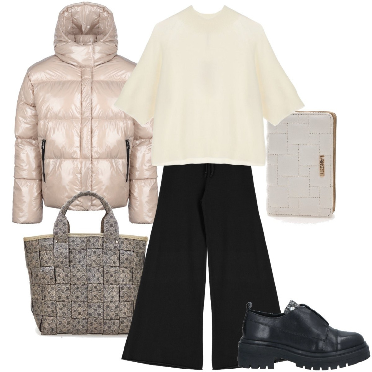 Outfit donna - Il piumino rosa. Stile Urban per Tutti i giorni. Abbinamento con mocassini, pantaloni, maglieria, blazer, portafogli, borse a mano.