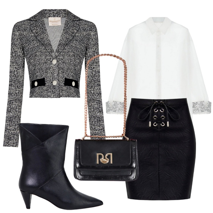 Outfit donna - Total look #2056407. Stile Chic per Ufficio. Abbinamento con camicie, stivaletti, minigonne, borse a tracolla, blazer.