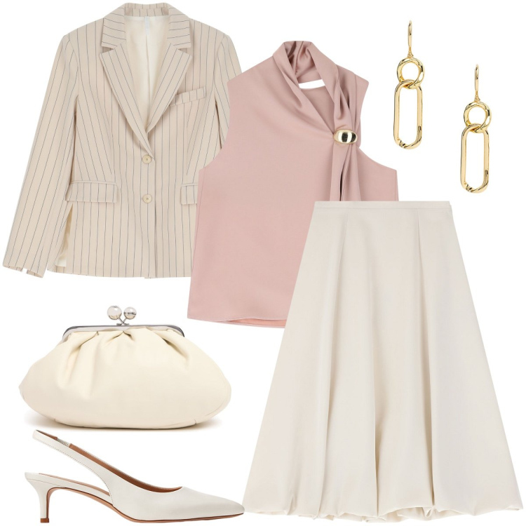 Outfit donna - Toni chiari per la primavera. Stile Chic per Cerimonia. Abbinamento con gonne longuette, top, blazer, décolleté, orecchini, pochette.