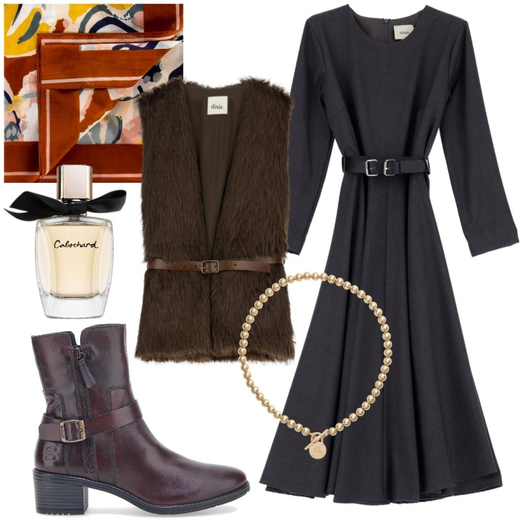 Outfit donna - Marrone protagonista. Stile Casual chic per Tutti i giorni. Abbinamento con profumi, foulard, vestiti midi/longuette, gilet, collane, stivaletti texani.