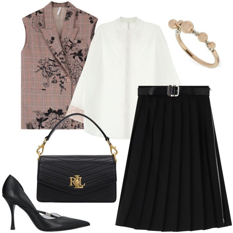Outfit donna - Il gilet a fiori. Stile Chic per Cerimonia. Abbinamento con décolleté, camicie, gilet, gonne longuette, borse a tracolla, anelli.