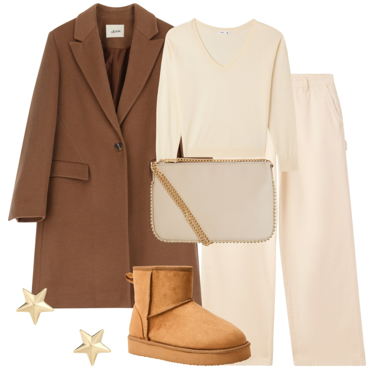 Outfit donna - Lait au chocolat. Stile Urban per Tutti i giorni. Abbinamento con pantaloni, maglieria, borse a tracolla, stivali, cappotti, orecchini.