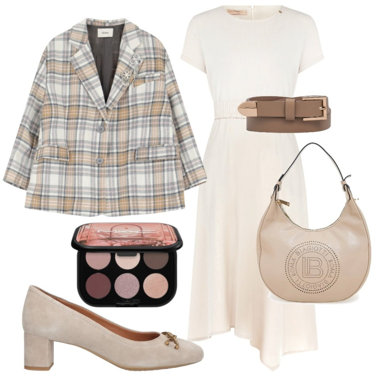 Outfit donna - Tono su tono. Stile Bon Ton per Tutti i giorni. Abbinamento con décolleté, ombretti, vestiti, blazer, borse a spalla, cinture.