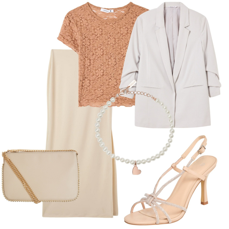 Outfit donna - San Valentino. Stile Bon Ton per Serata fuori. Abbinamento con gonne lunghe, blazer, borse a tracolla, t-shirt, sandali col tacco, braccialetti.