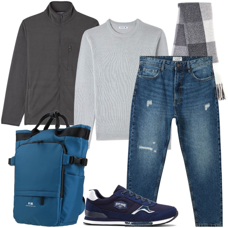 Outfit uomo - Casual in ufficio. Stile Casual per Ufficio. Abbinamento con sneakers, borse sportive, maglieria, jeans strappati, felpe, sciarpe.