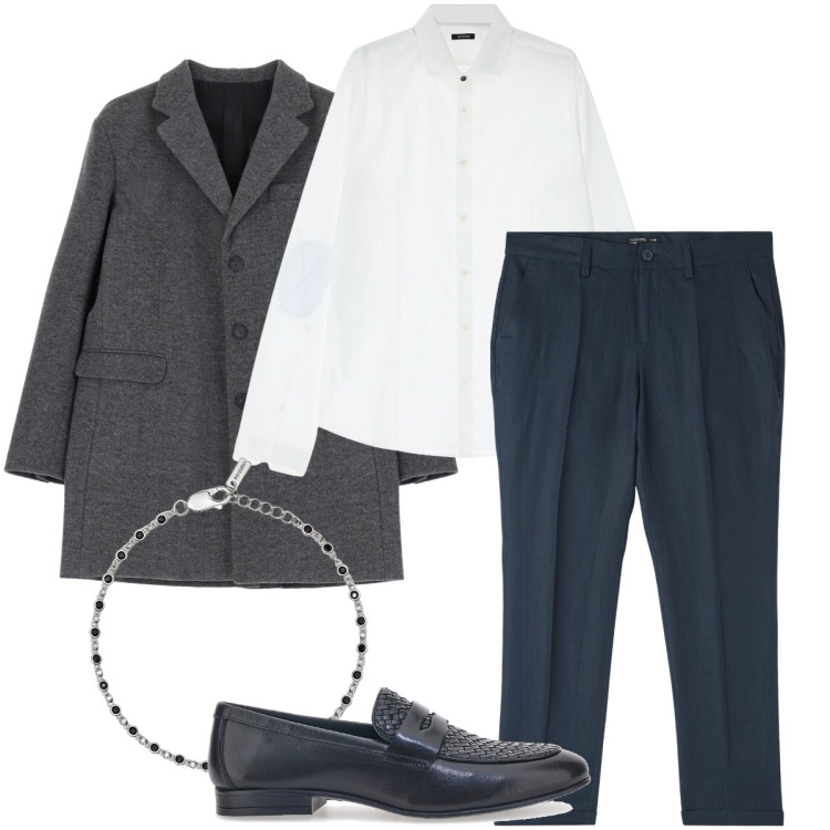 Outfit uomo - Elegante con il cappotto. Stile Business/Elegante per Cerimonia. Abbinamento con pantaloni chino, braccialetti, cappotti, camicie, scarpe stringate.