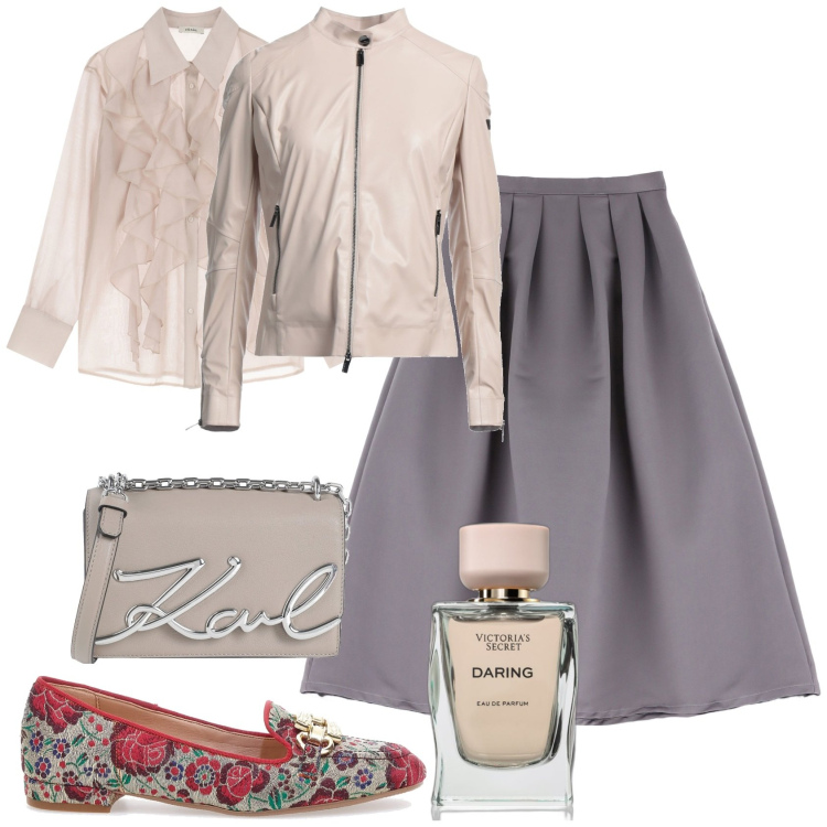 Outfit donna - Mocassini di primavera. Stile Romantica per Tutti i giorni. Abbinamento con blazer, borse a tracolla, profumi, gonne lunghe, camicie, mocassini.