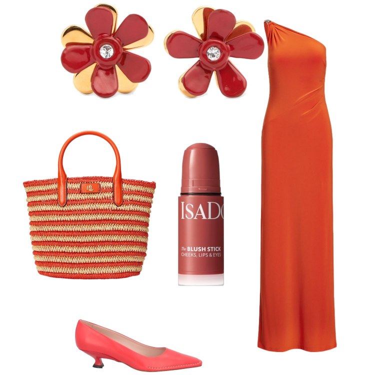 Outfit donna - Arancione chic. Stile Glamour per Serata fuori. Abbinamento con décolleté, blush, vestiti asimmetrici, borse tote, orecchini.