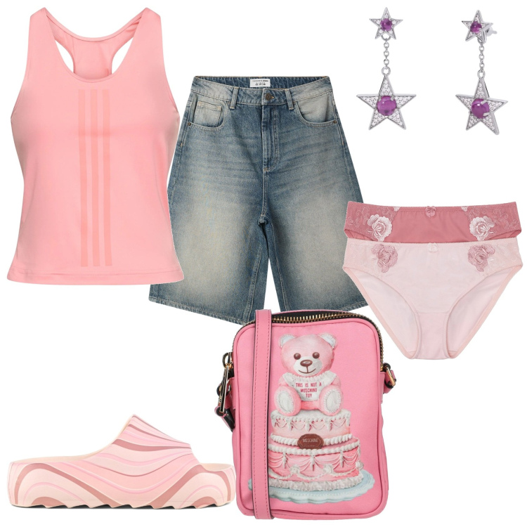 Outfit donna - Tanto comoda per la città. Stile Casual per Tutti i giorni. Abbinamento con culotte, borse a tracolla, bermuda, orecchini, ciabatte, canottiere.