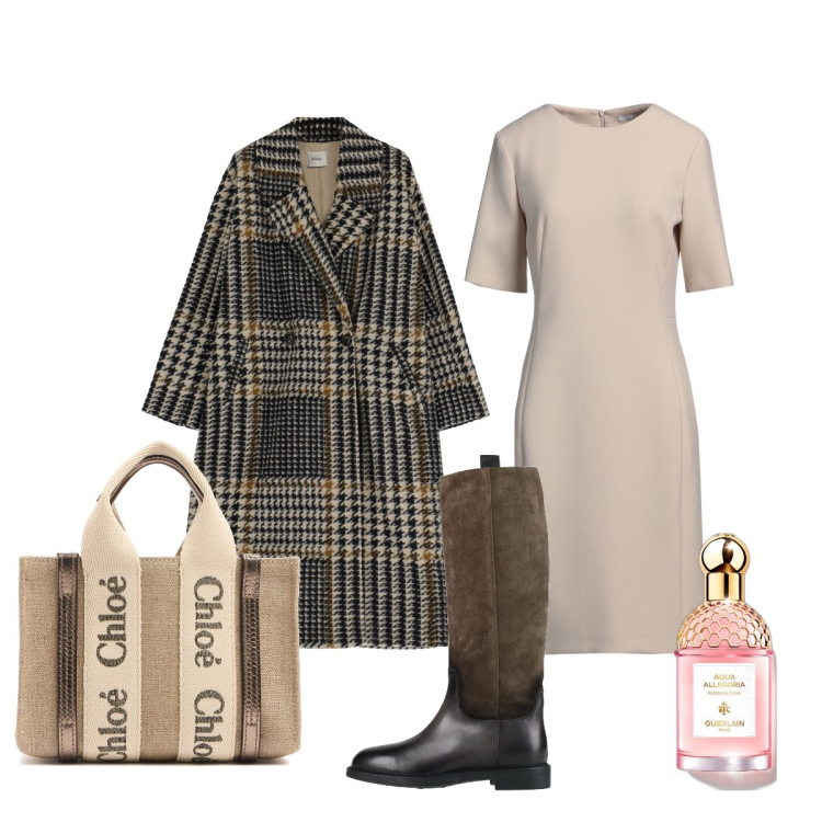 Outfit donna - Apericena con le amiche. Stile Minimal per Tutti i giorni. Abbinamento con stivali, vestiti midi/longuette, profumi, cappotti, borse a mano.
