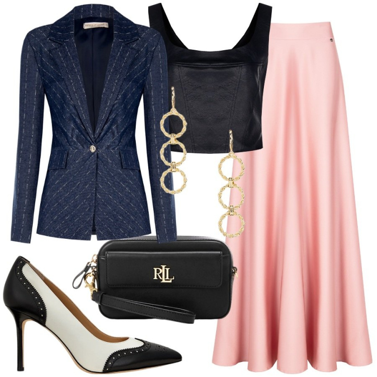 Outfit donna - Rinascimento - SS25. Stile Bon Ton per Cerimonia. Abbinamento con gonne, blazer, top, pochette, décolleté, orecchini.
