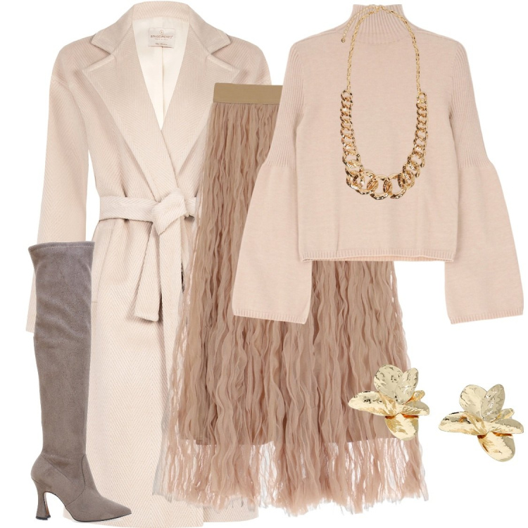 Outfit donna - Romanticamente chic. Stile Chic per Serata fuori. Abbinamento con cappotti, maglieria, gonne lunghe, orecchini, stivali, collane.