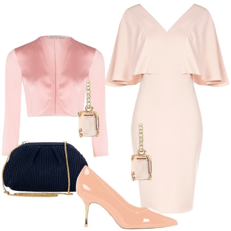 Outfit donna - Rinascimento - SS25. Stile Bon Ton per Cerimonia. Abbinamento con vestiti a tubino, pochette, bolero, décolleté, orecchini.