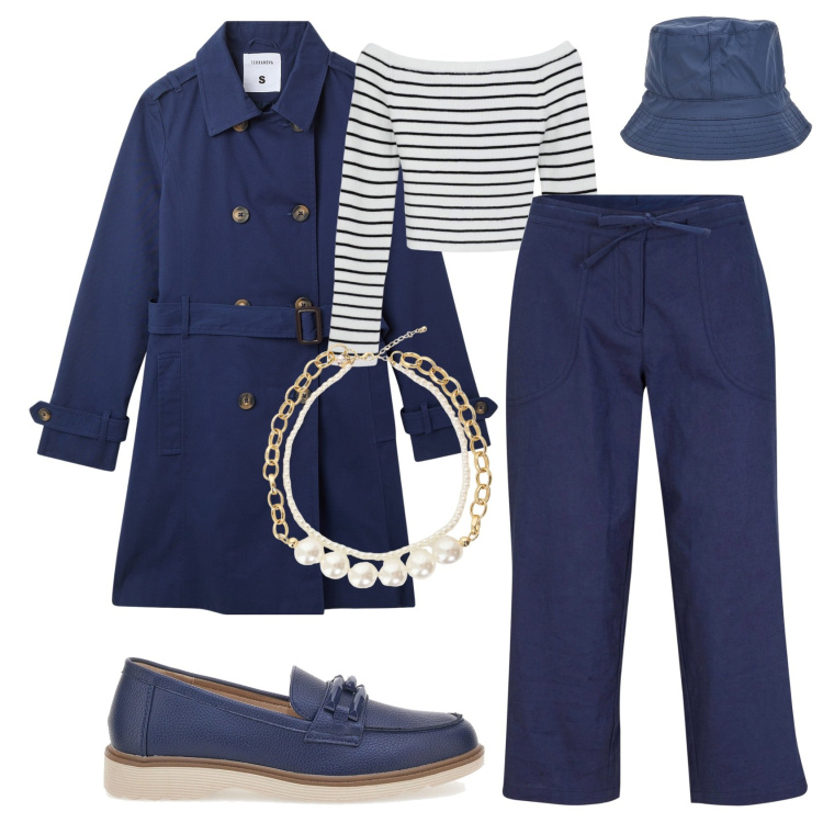 Outfit donna - Only blue. Stile Casual per Tutti i giorni. Abbinamento con pantaloni capri, maglieria, trench, collane, mocassini, berretti.