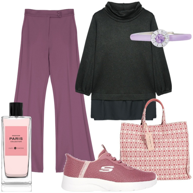 Outfit donna - Shopping in centro. Stile Sporty chic per Tutti i giorni. Abbinamento con borse a mano, profumi, anelli, pantaloni, vestiti, sneakers.