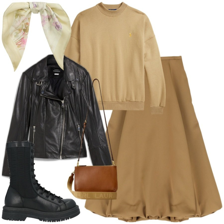 Outfit donna - Stile Boho Biker. Stile Boho per Tutti i giorni. Abbinamento con blazer, anfibi, gonne longuette, borse a tracolla, foulard, felpe.