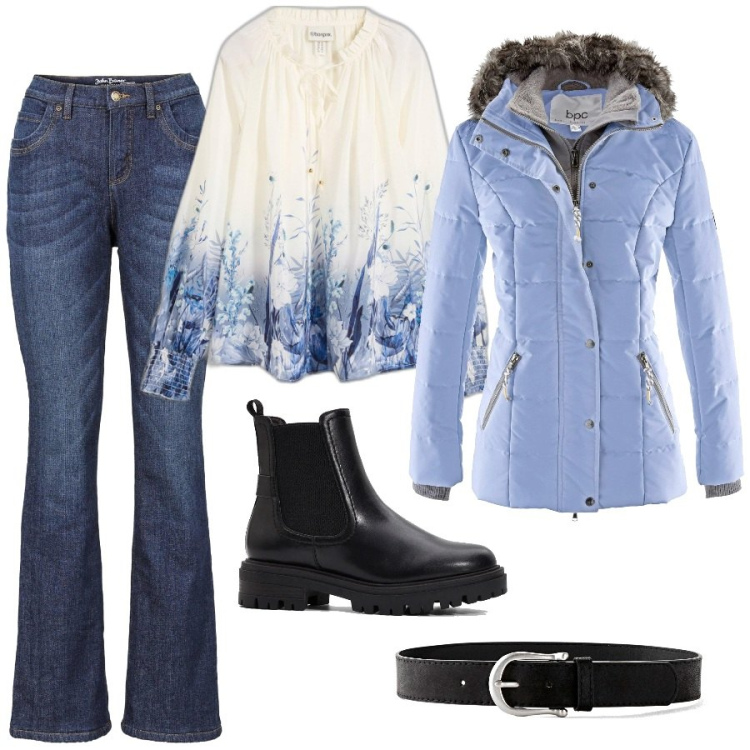 Outfit donna - Bonprix - Focus on:Essentials. Stile Basic per Tutti i giorni. Abbinamento con piumini, bluse, cinture, jeans bootcut, stivaletti chelsea.