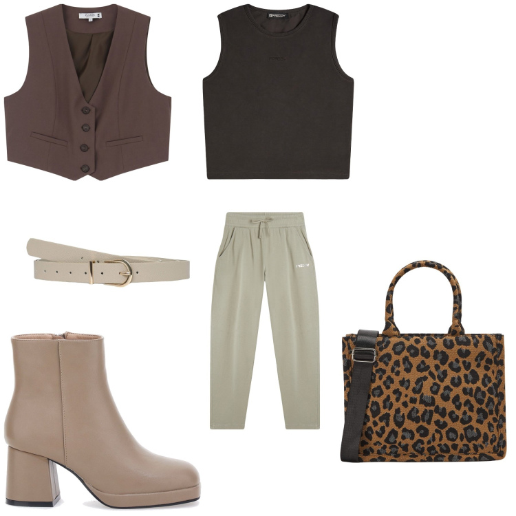 Outfit donna - Il top chic. Stile Basic per Tutti i giorni. Abbinamento con gilet, shopping bag, cinture, pantaloni, top, stivaletti.