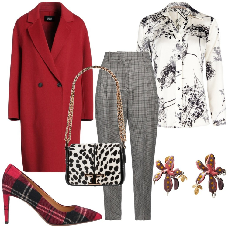 Outfit donna - Fantasie abbinate. Stile Glamour per Serata fuori. Abbinamento con cappotti, pantaloni, décolleté, orecchini, borse a spalla, camicie.