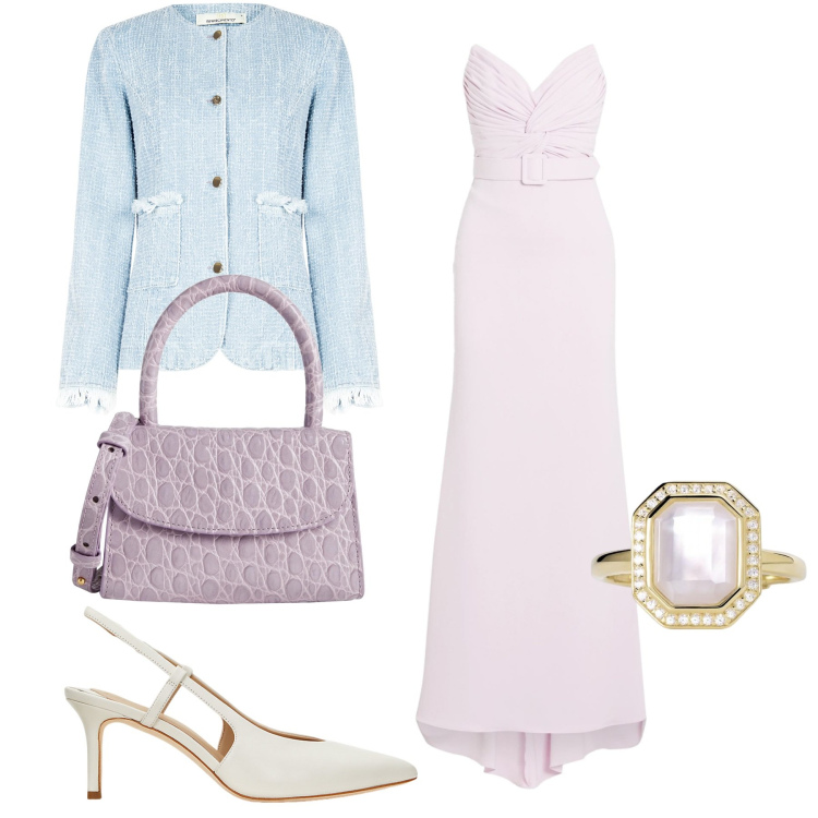 Outfit donna - Madrina. Stile Romantica per Cerimonia. Abbinamento con vestiti lunghi, borse a mano, anelli, blazer, décolleté.