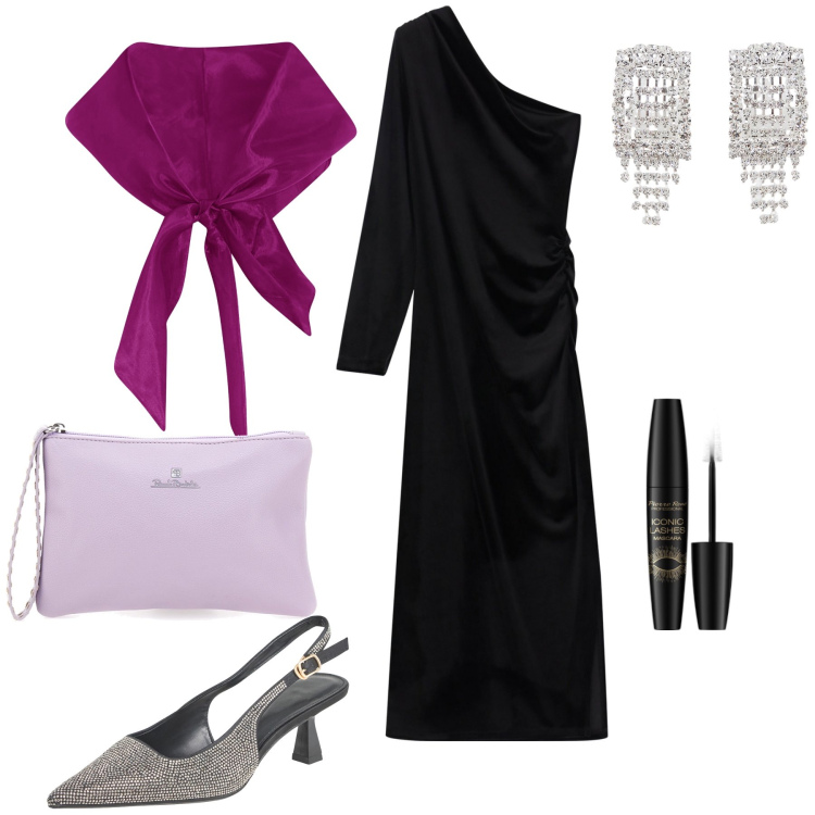 Outfit donna - Un delizioso peloso copri spalle. Stile Glamour per Serata fuori. Abbinamento con mascara, décolleté, bolero, vestiti asimmetrici, orecchini, pochette.