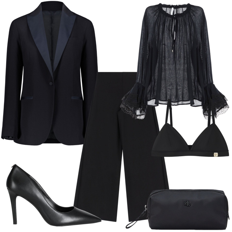 Outfit donna - Smoking no smoking. Stile Chic per Serata fuori. Abbinamento con décolleté, bluse, reggiseni, pantaloni a palazzo, pochette, giacche.