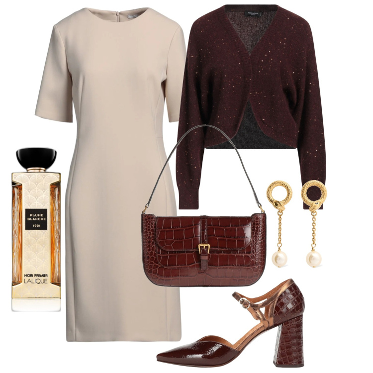 Outfit donna - Classe sempre. Stile Chic per Tutti i giorni. Abbinamento con vestiti midi/longuette, borse a mano, cardigans, décolleté, profumi, orecchini.