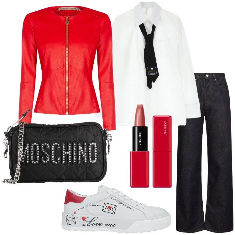 Outfit donna - San Valentino. Stile Trendy per Serata fuori. Abbinamento con sneakers, borse a tracolla, rossetti, blazer, camicie, jeans dritti.