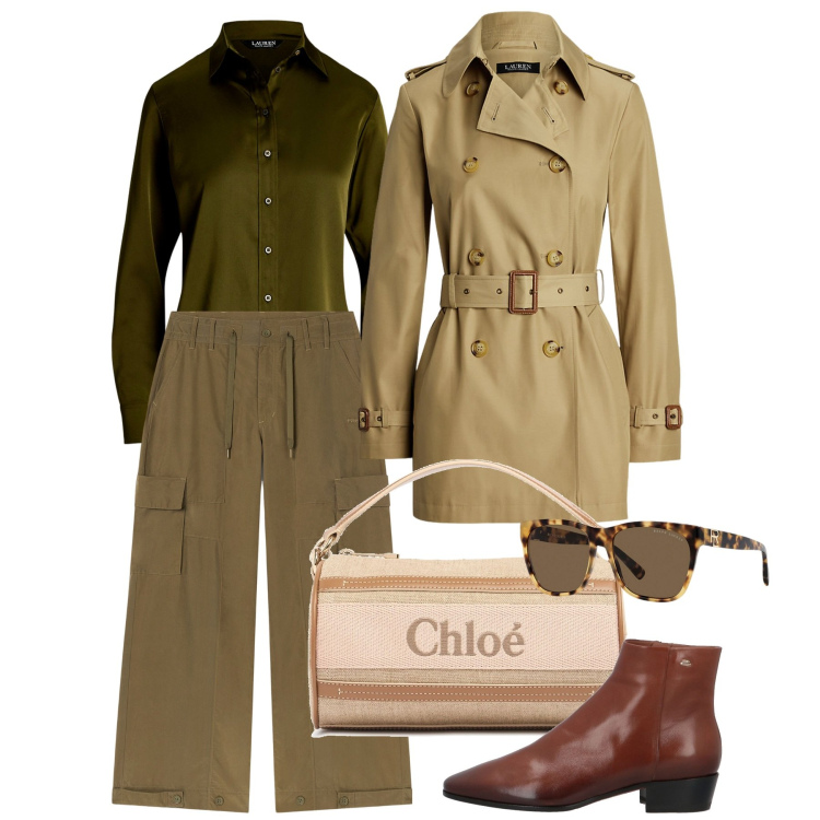Outfit donna - Cargo giorno. Stile Chic per Tutti i giorni. Abbinamento con stivaletti, pantaloni cargo, trench, camicie, occhiali da sole, borse a spalla.